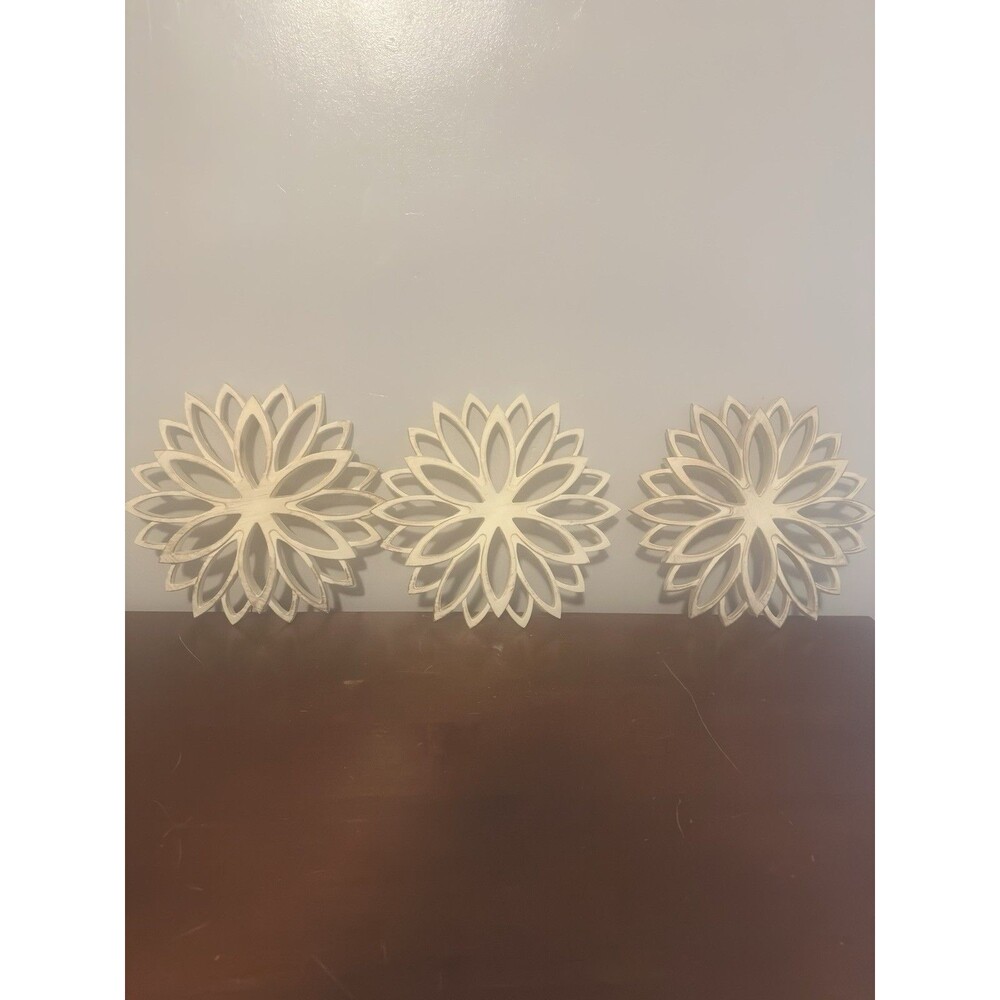 Vintage Set of 3 Off White Gold Brushed Detail Decorative Wall Flower Hangings